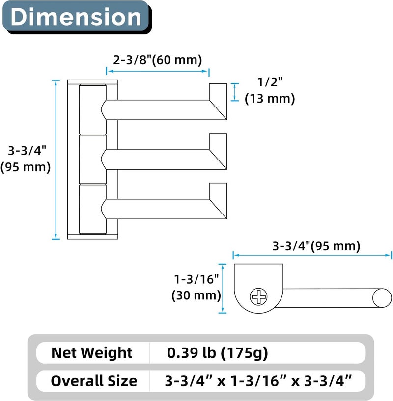 Angle Simple Swivel Towel Hook 3 Arms, SUS 304 Stainless Steel Foldable Bathroom Robe Towel Hook, Wall Coat Holder, Matte Black - Image 2